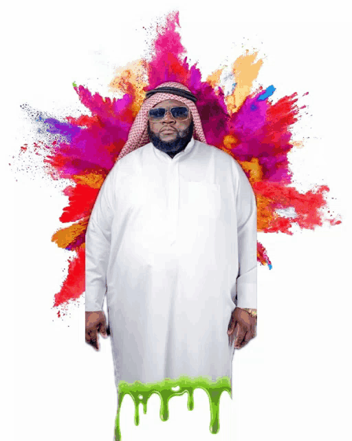a man wearing a white robe and sunglasses stands in front of a colorful explosion of paint