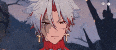 a close up of a person 's face in a video game with white hair and red streaks .