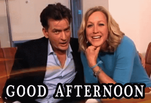 a man and a woman are sitting next to each other with the words " good afternoon " on the bottom