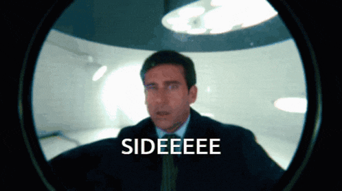 a man in a suit and tie is looking through a window with the word sideeee on it