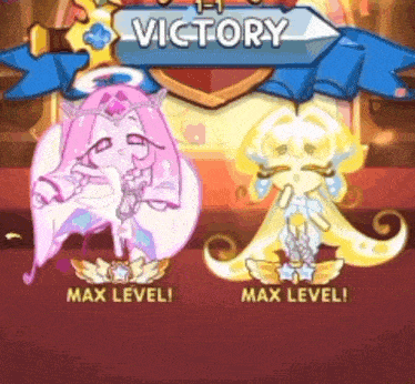 two cartoon characters are standing next to each other in front of a sign that says `` victory '' .