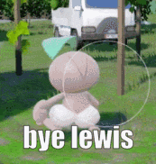 a stuffed animal with the words `` bye lewis '' written on it is sitting in the grass .