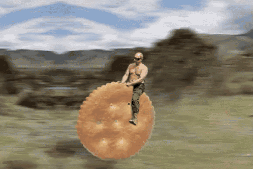 a shirtless man is riding a giant cracker in a field