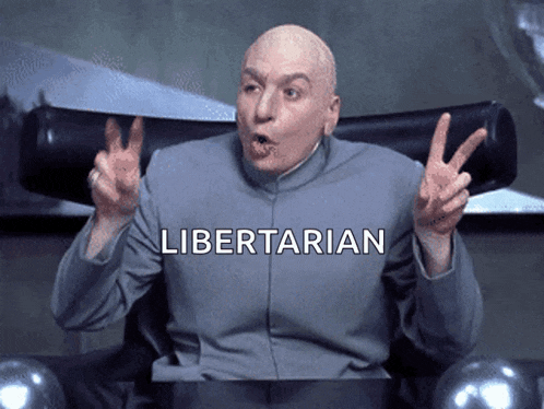 a bald man giving a peace sign with the word libertarian below him
