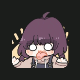 a cartoon of a girl with purple hair sticking out her tongue .