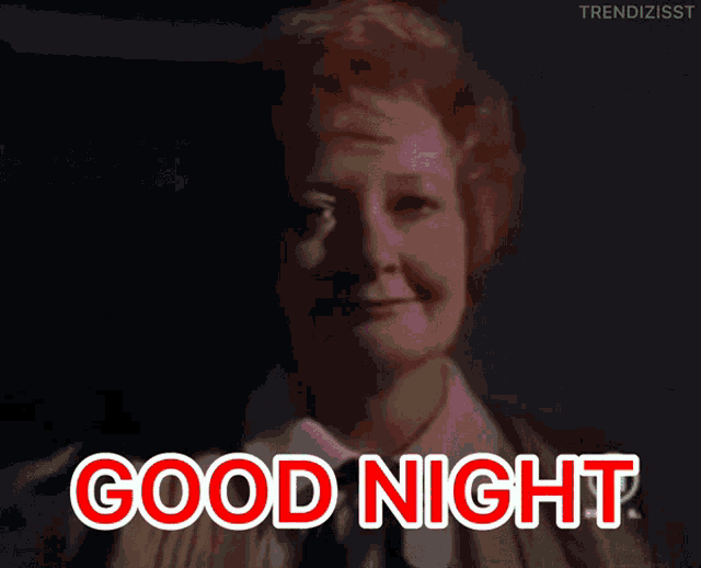 a woman with red eyes says good night