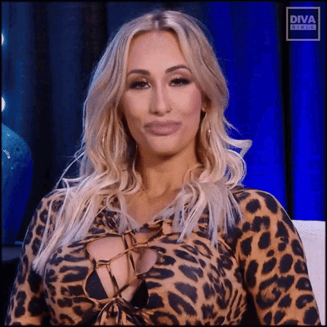 a woman in a leopard print dress is sitting on a couch on a television screen .