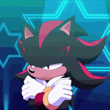 shadow the hedgehog from sonic the hedgehog is hugging himself in front of a blue background