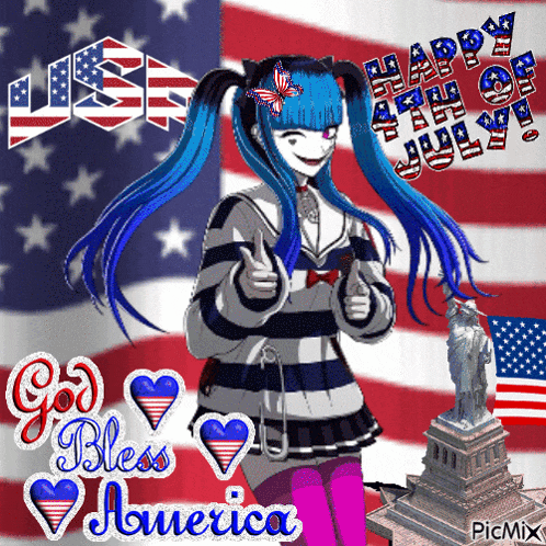 a girl with blue hair is giving a thumbs up in front of the statue of liberty