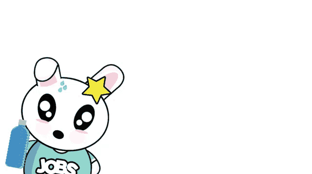 a cartoon rabbit wearing a jobs shirt holds a blue bottle of water