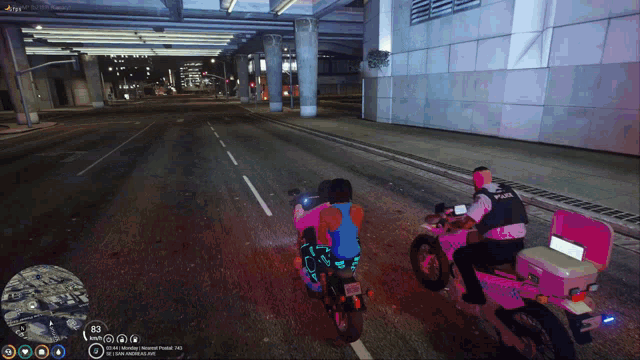 a police officer on a pink motorcycle with the number 83 on the screen