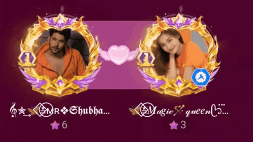 a purple background with a picture of a man and a woman in gold frames