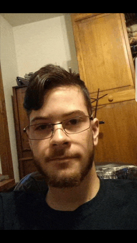 a young man with glasses and a beard takes a selfie