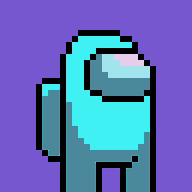 a pixel art of a blue among us character with a purple background