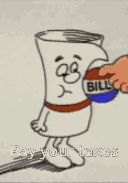 a cartoon of a person putting a bill on a roll of paper towels .