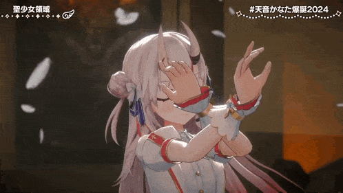 a girl with horns covering her eyes with her hands