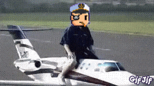 a pixel art of a man in a captain 's hat riding a small airplane