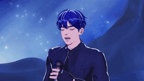 a man with blue hair is holding a microphone