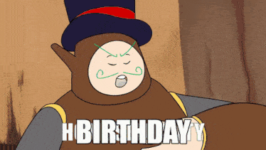 a cartoon character with a top hat and mustache says hbirthday
