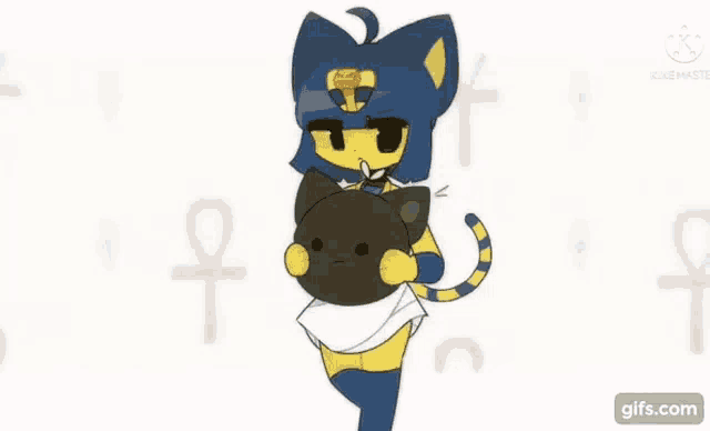 a cartoon character is holding a black cat in her hands .