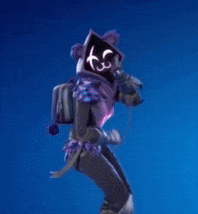 a person in a purple and black outfit with a heart on their chest is standing on a blue background .