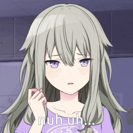 a girl with gray hair and purple eyes is wearing a purple shirt that says " nuh uh "