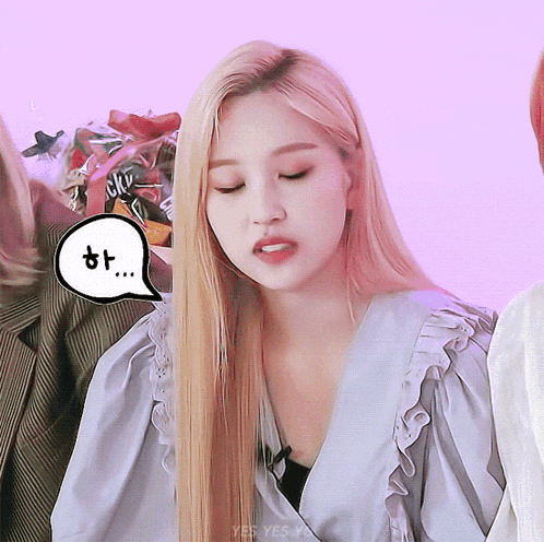 a woman with long blonde hair has a speech bubble that says " ha "