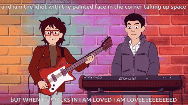 a cartoon of a man playing a guitar next to a keyboard that says barold