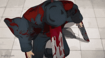 a man is kneeling on the floor holding a bloody knife in his hand .