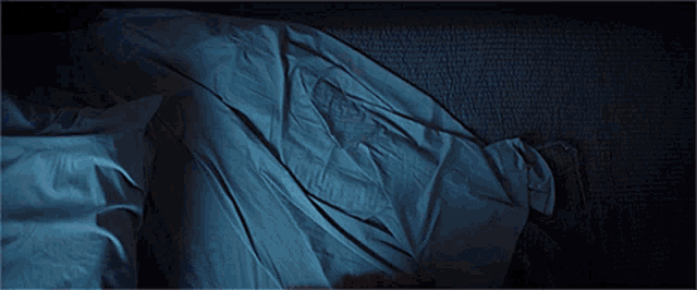 a woman with red hair is laying in bed with a blue blanket covering her face