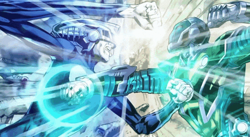 a cartoon of two men fighting each other with a blue light coming out of their hands
