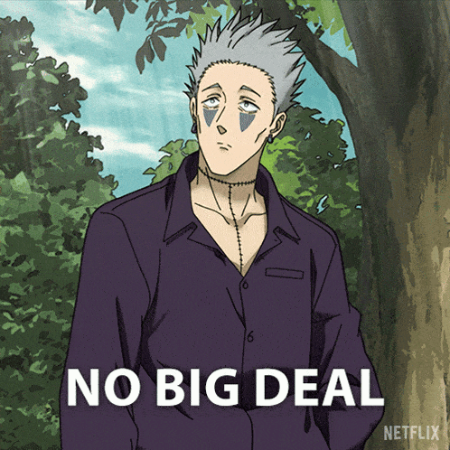 a man in a purple shirt is standing next to a tree with the words " no big deal " written on the bottom