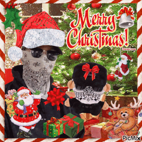 a christmas card with a man wearing a santa hat and bandana