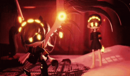 a cartoon character is standing next to another character in a dark room .
