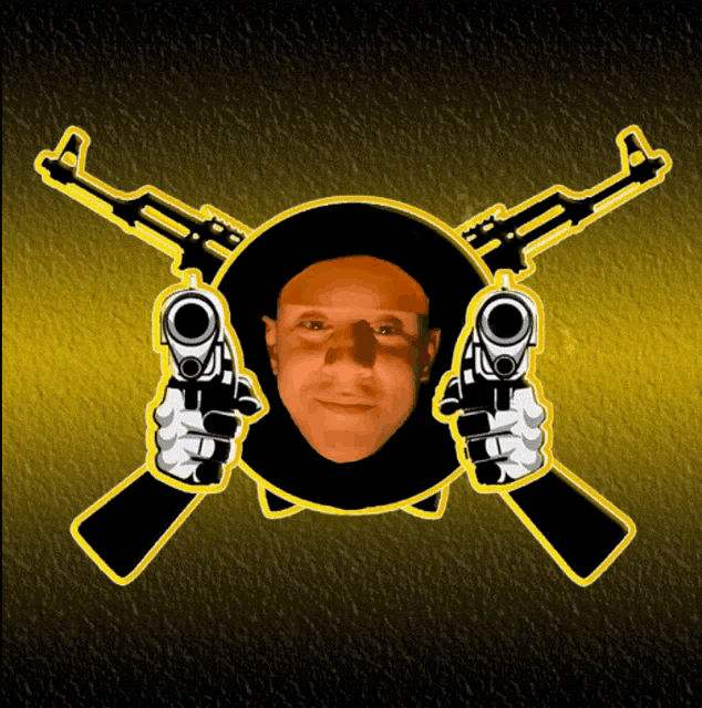a man 's face is surrounded by two guns on a yellow background