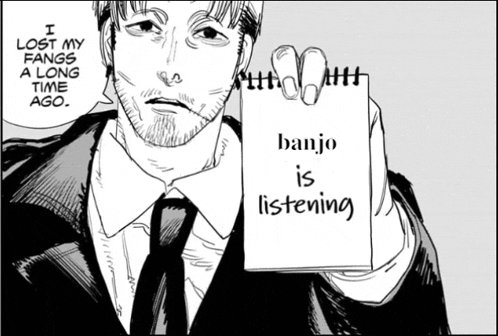 a man in a suit and tie is holding a notepad with the words banjo is listening on it