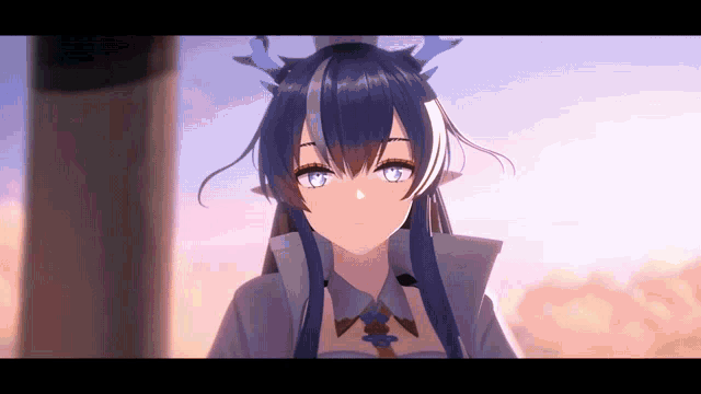 a girl with long blue hair and horns is standing in front of a pole