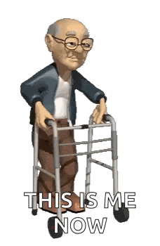 an elderly man is walking with a walker and says `` this is me now '' .