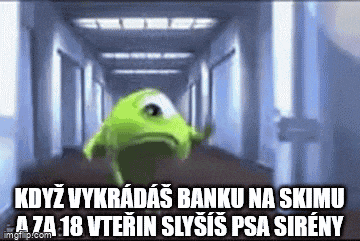 mike wazowski from monsters inc is walking down a hallway