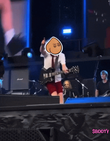 a man playing a guitar with a cartoon face on his head and the words $booty on the bottom