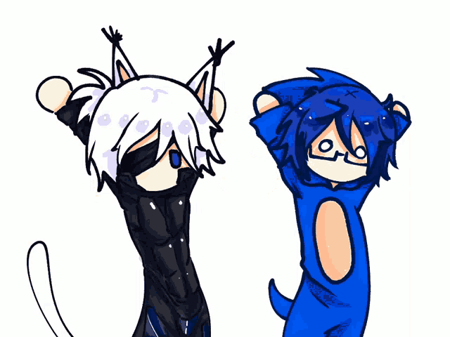 a drawing of a cat and a boy in a blue cat costume
