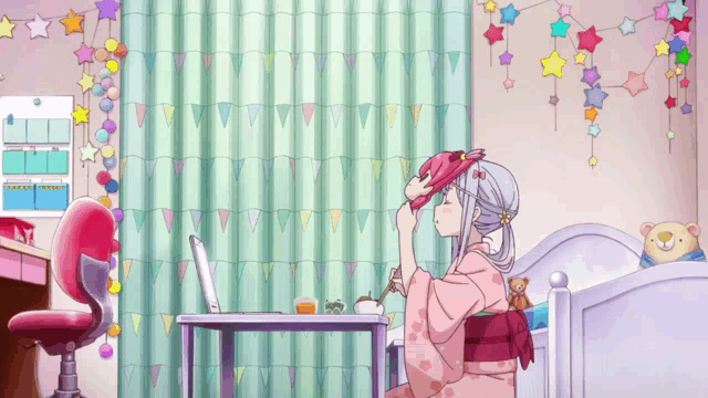 a girl in a kimono is sitting at a desk with a laptop and the words so tasty above her head