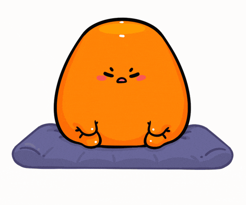 a cartoon illustration of an orange egg sitting on a purple pillow