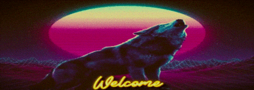 a wolf is howling in front of a sunset and the words welcome are visible