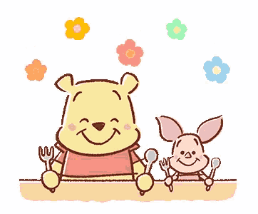 winnie the pooh and piglet are sitting at a table eating with forks and spoons .