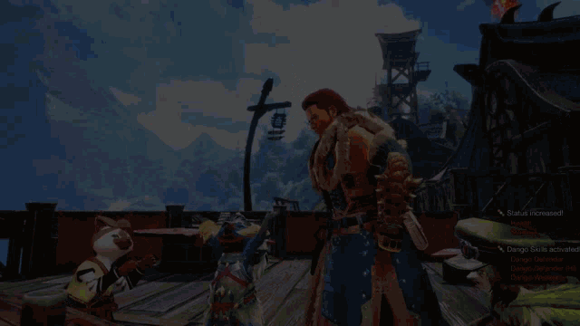 a screenshot of a video game shows a man talking to a cat