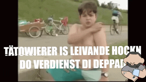 a shirtless boy is standing in front of a sign that says tatowierer is leivande hockn do verdienst di deppadi
