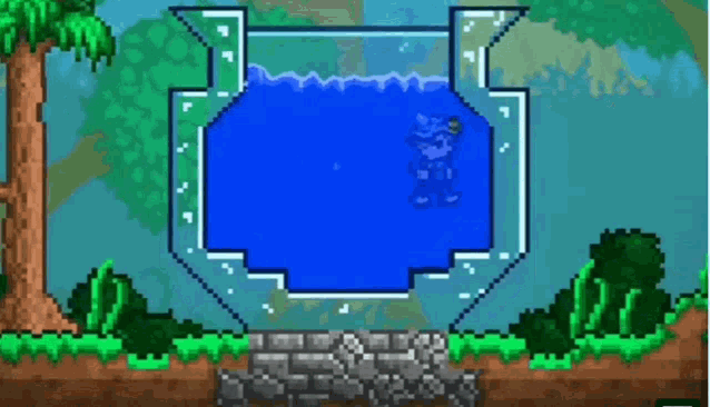 a pixel art drawing of a pool with trees and bushes in the background