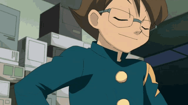 a cartoon character with glasses and a blue shirt