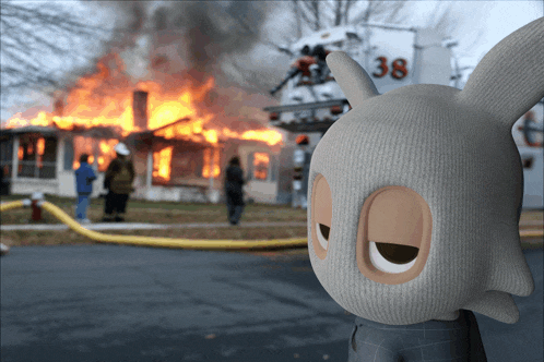a toy rabbit stands in front of a fire truck number 38